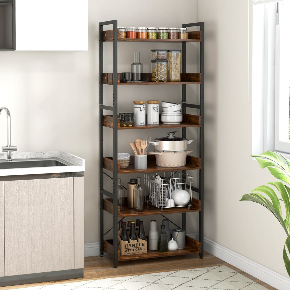 Librería industrial de 6 niveles con 4 ganchos, estantes de madera marrón sobre una estructura de metal negro