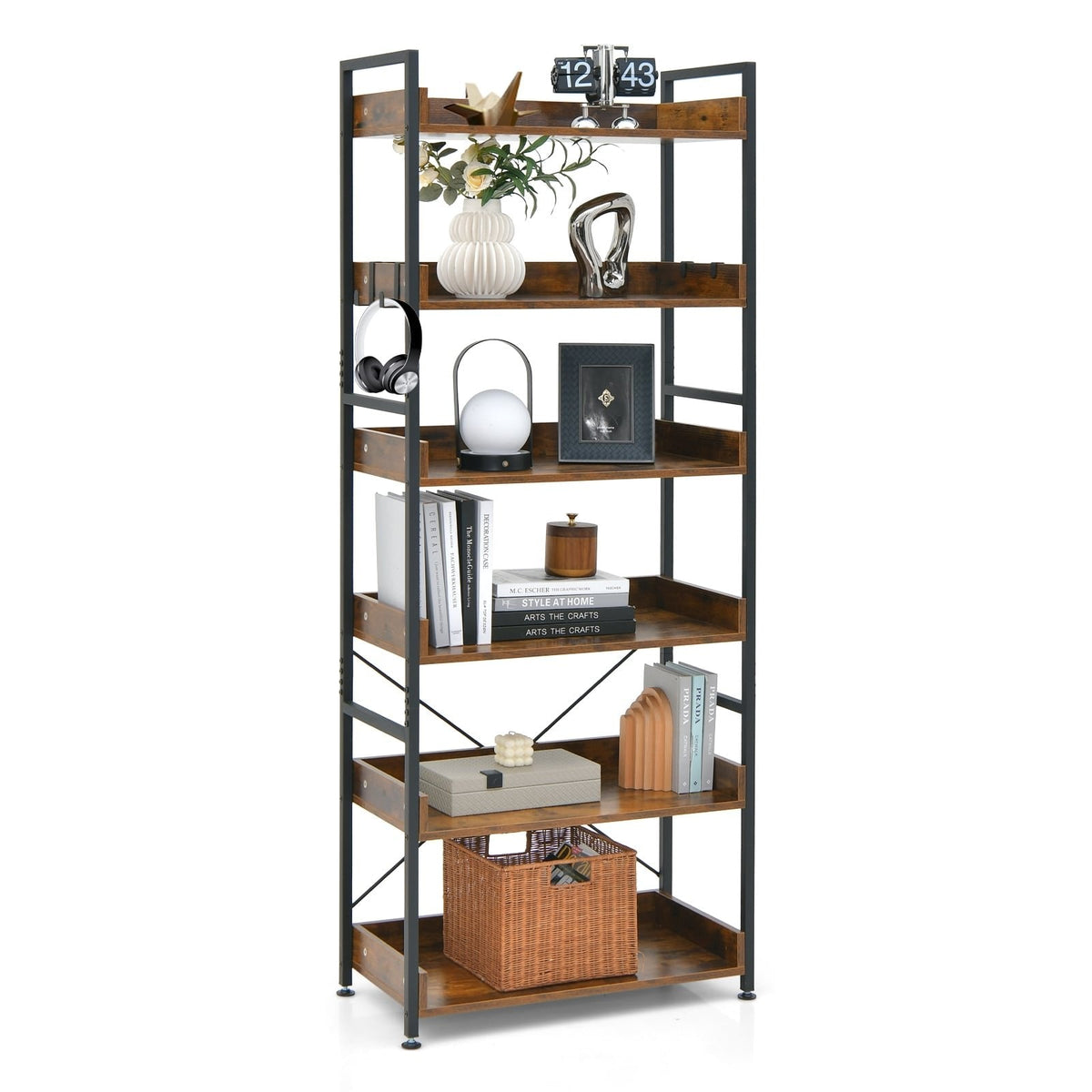 Librería industrial de 6 niveles con 4 ganchos, estantes de madera marrón sobre una estructura de metal negro