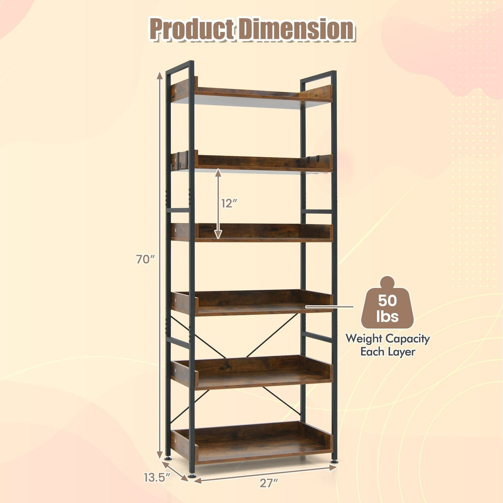 Librería industrial de 6 niveles con 4 ganchos, estantes de madera marrón sobre una estructura de metal negro