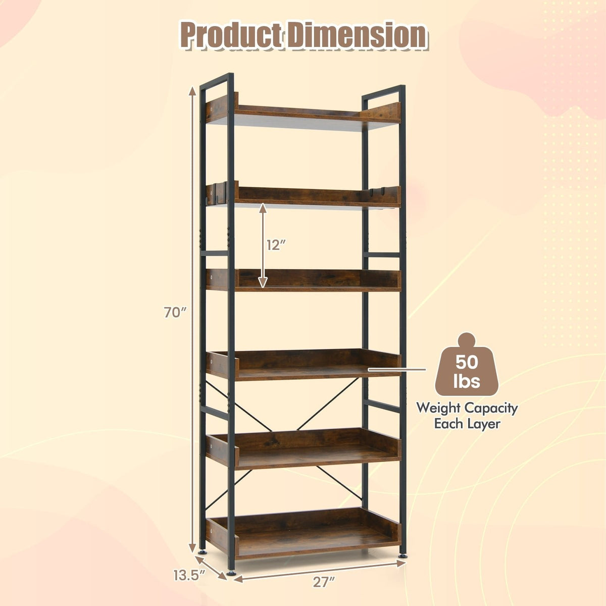 Librería industrial de 6 niveles con 4 ganchos, estantes de madera marrón sobre una estructura de metal negro