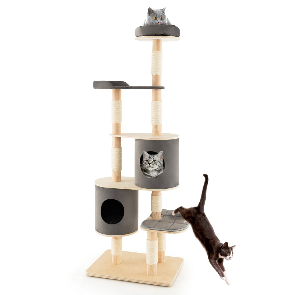Árbol para gatos gris de 75 pulgadas y 6 niveles, con pilares de madera de caucho, dos casitas y una plataforma de descanso