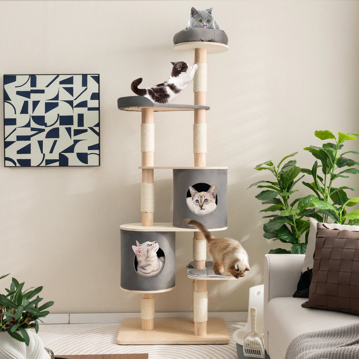Árbol para gatos gris de 75 pulgadas y 6 niveles, con pilares de madera de caucho, dos casitas y una plataforma de descanso