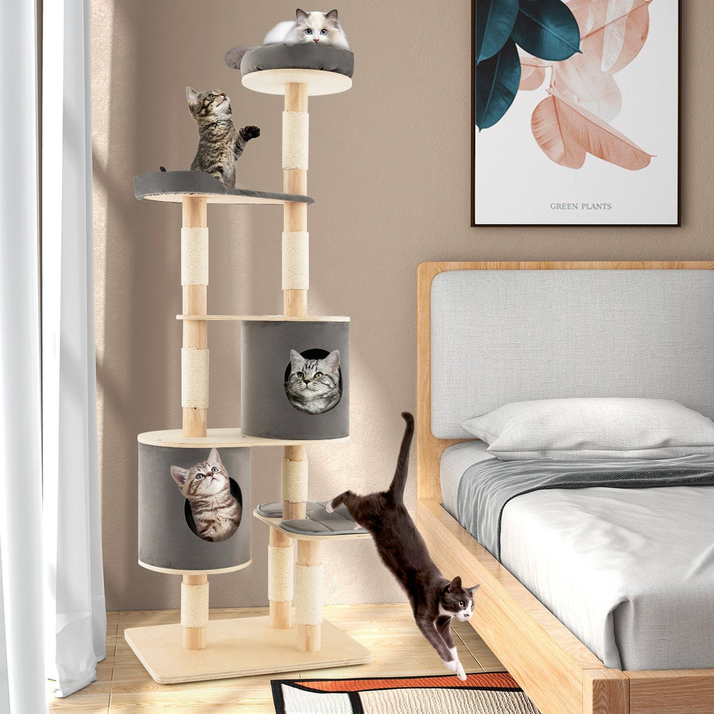Árbol para gatos gris de 75 pulgadas y 6 niveles, con pilares de madera de caucho, dos casitas y una plataforma de descanso