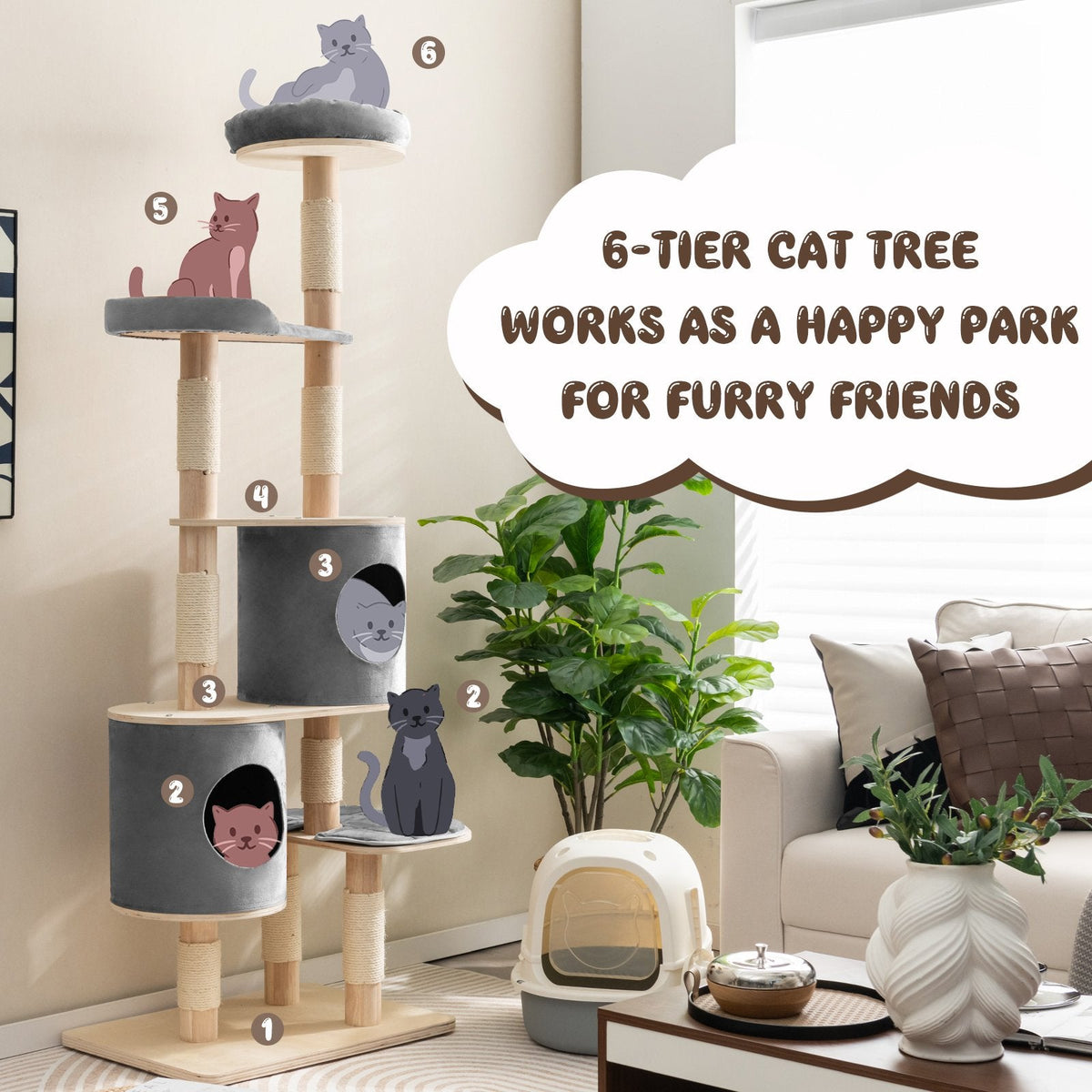 Árbol para gatos gris de 75 pulgadas y 6 niveles, con pilares de madera de caucho, dos casitas y una plataforma de descanso