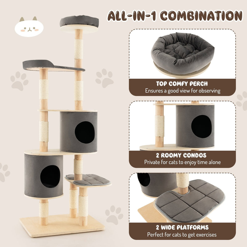 Árbol para gatos gris de 75 pulgadas y 6 niveles, con pilares de madera de caucho, dos casitas y una plataforma de descanso