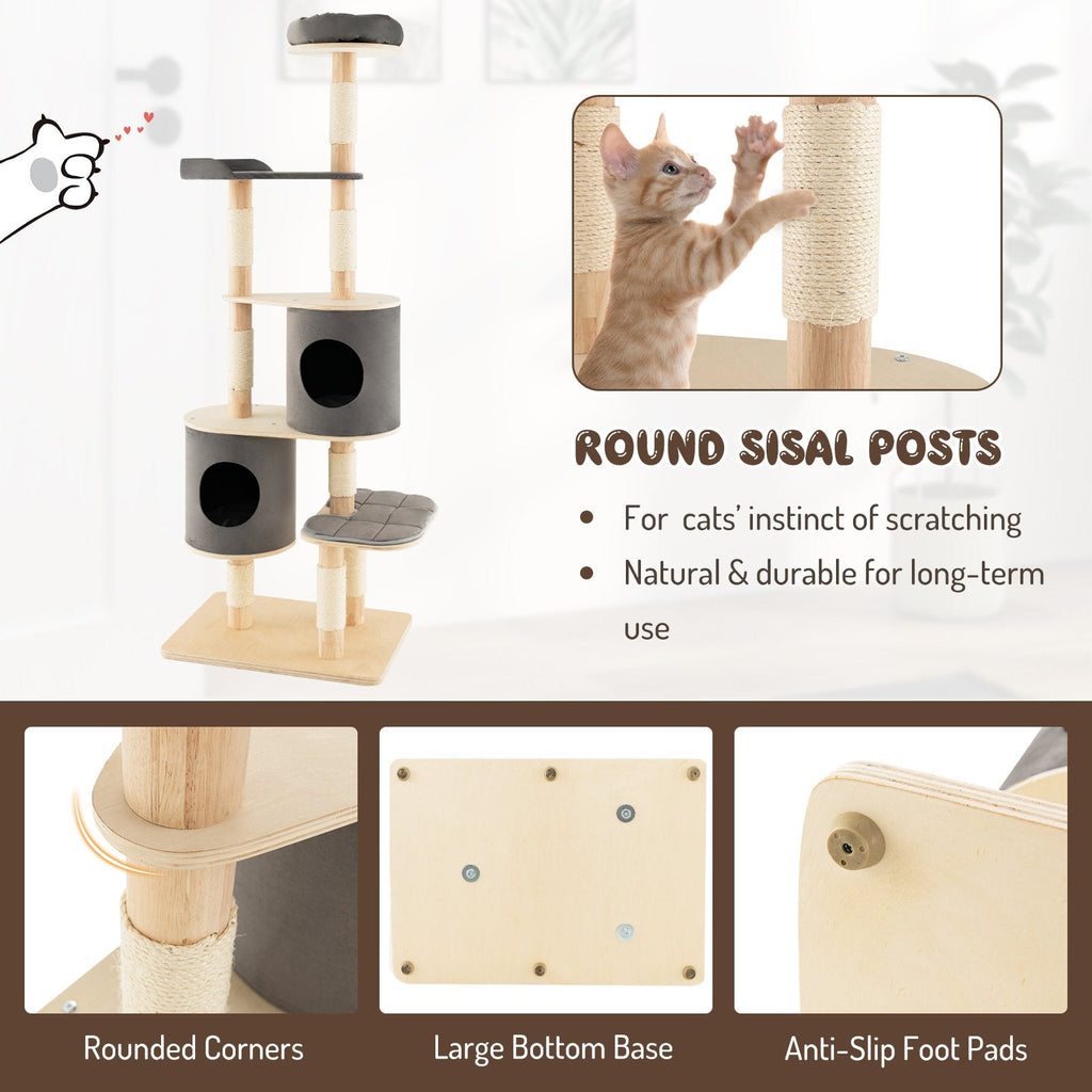 Árbol para gatos gris de 75 pulgadas y 6 niveles, con pilares de madera de caucho, dos casitas y una plataforma de descanso