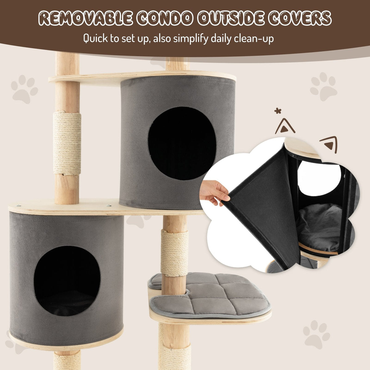 Árbol para gatos gris de 75 pulgadas y 6 niveles, con pilares de madera de caucho, dos casitas y una plataforma de descanso
