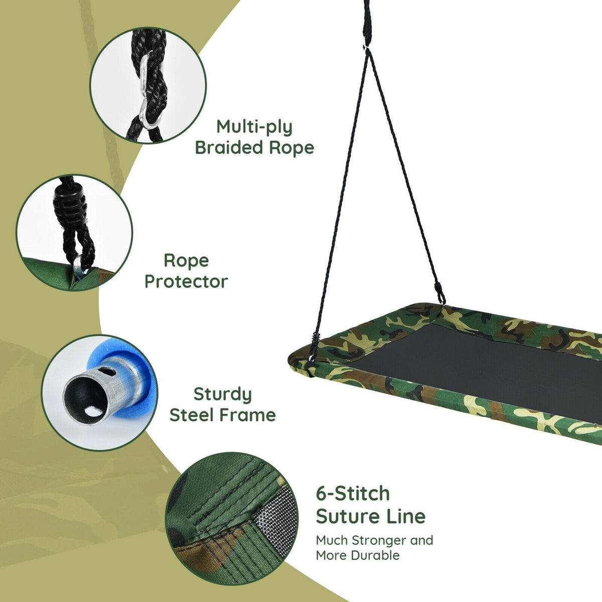 Columpio tipo plataforma para árbol de 60 pulgadas para exteriores con 2 correas para colgar - Camuflaje