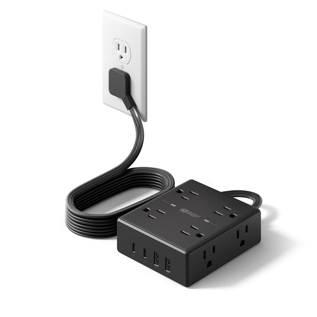 サージプロテクター電源タップ、SUPERDANNY 6フィート延長コード、8口コンセント＆4USBポート（USB-A 2口、USB-C 2口）、壁掛け対応フラットプラグ電源タップ、家庭・オフィス・寮用サージ保護、ブラック 🍁 オールインワンマーケットプレイス・カナダ