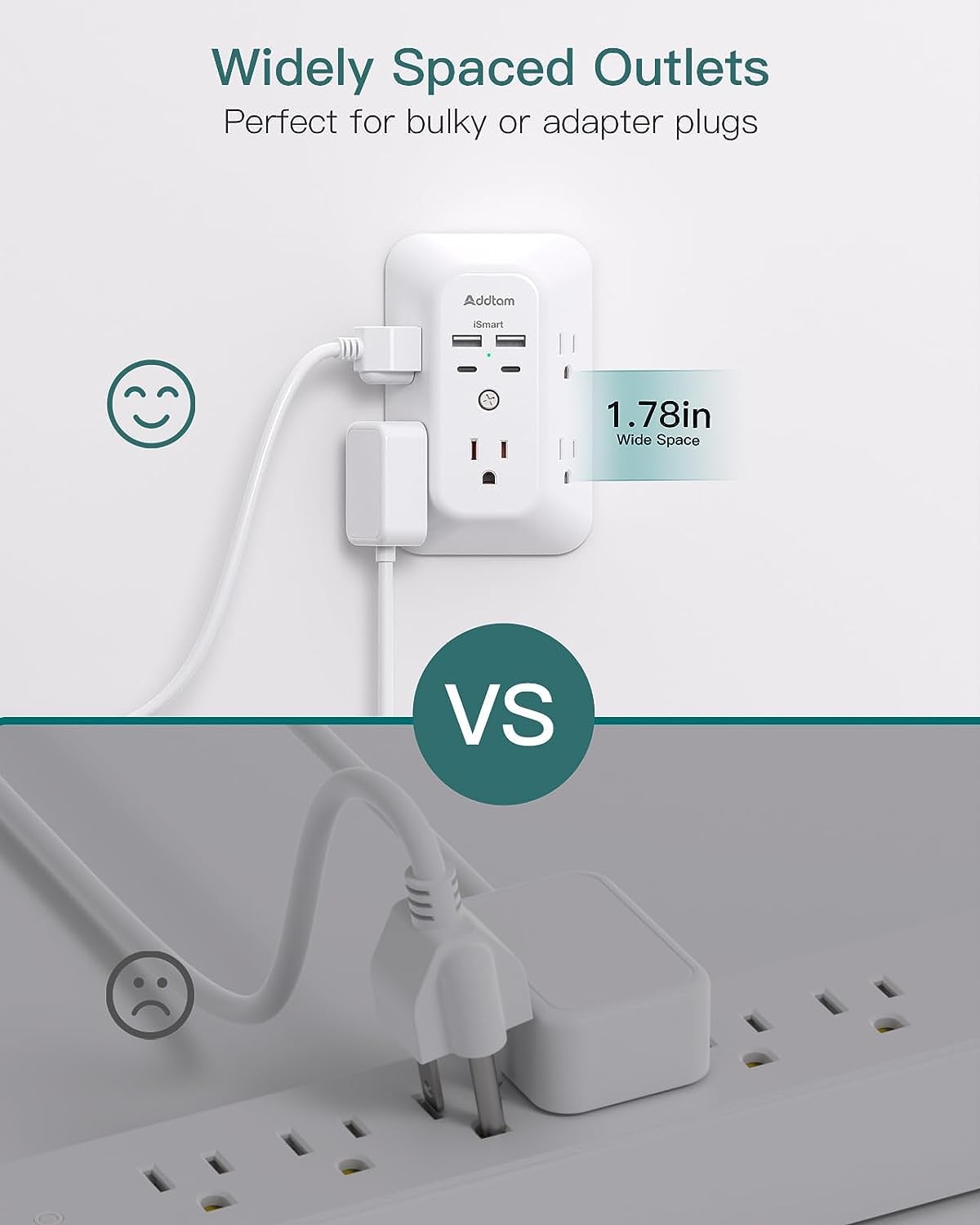 Regleta de alimentación USB con protector contra sobretensiones, 5 enchufes, 4 puertos USB, 1800J, para el hogar y la oficina