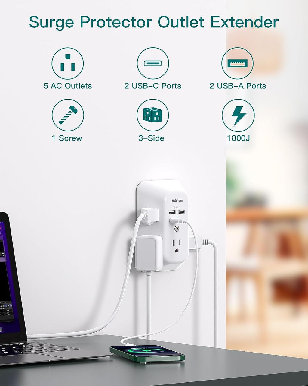 Regleta de alimentación USB con protector contra sobretensiones, 5 enchufes, 4 puertos USB, 1800J, para el hogar y la oficina