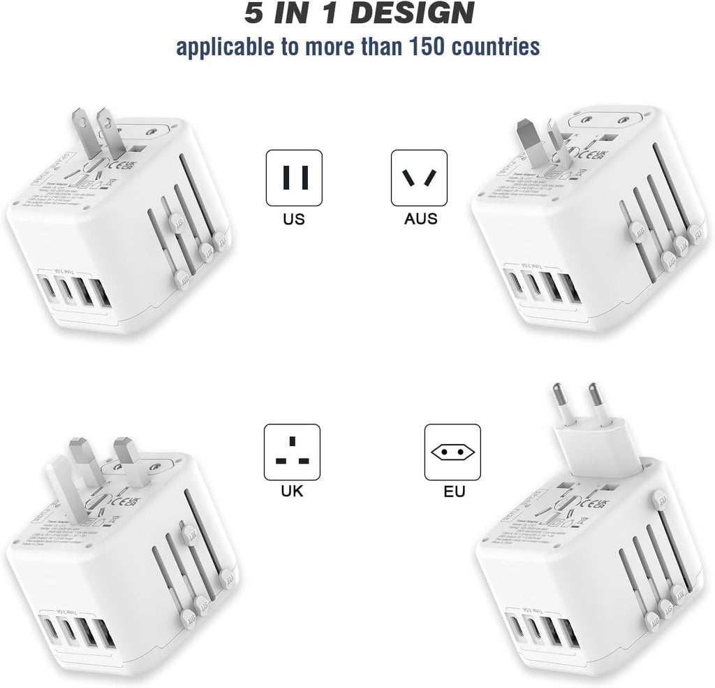 VYLEE Universal International Power Travel Plug Adapter, 5 in 1 European Travel Plug Adapter W/ 3.5A 2xUSB-A and 2xUSB C Wall Charger and Worldwide AC Outlet for Europe USA UK AUS Asia (White) 🍁 All In One Marketplace Canada