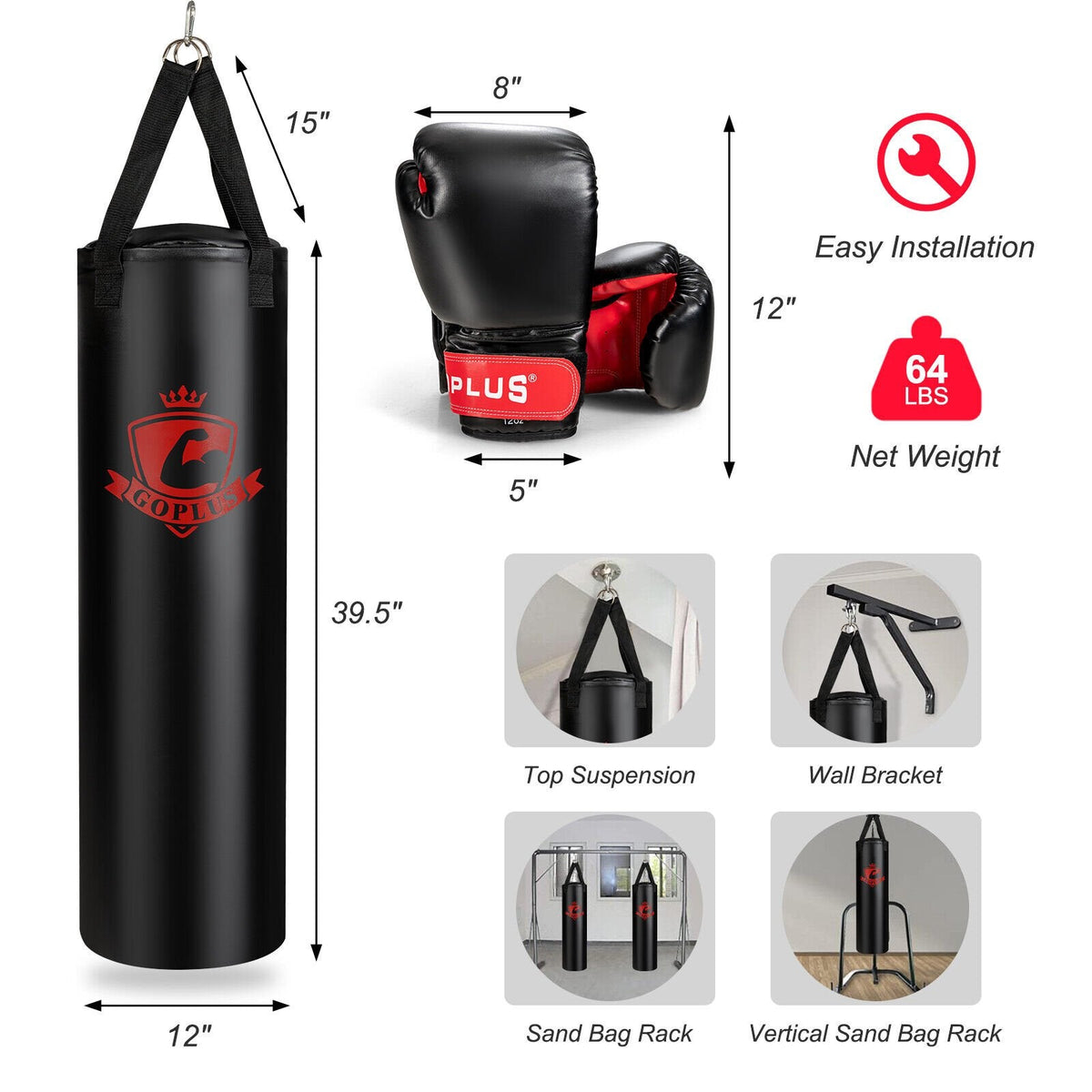 Kit de sac de frappe rempli avec gants de boxe - 28,6 kg