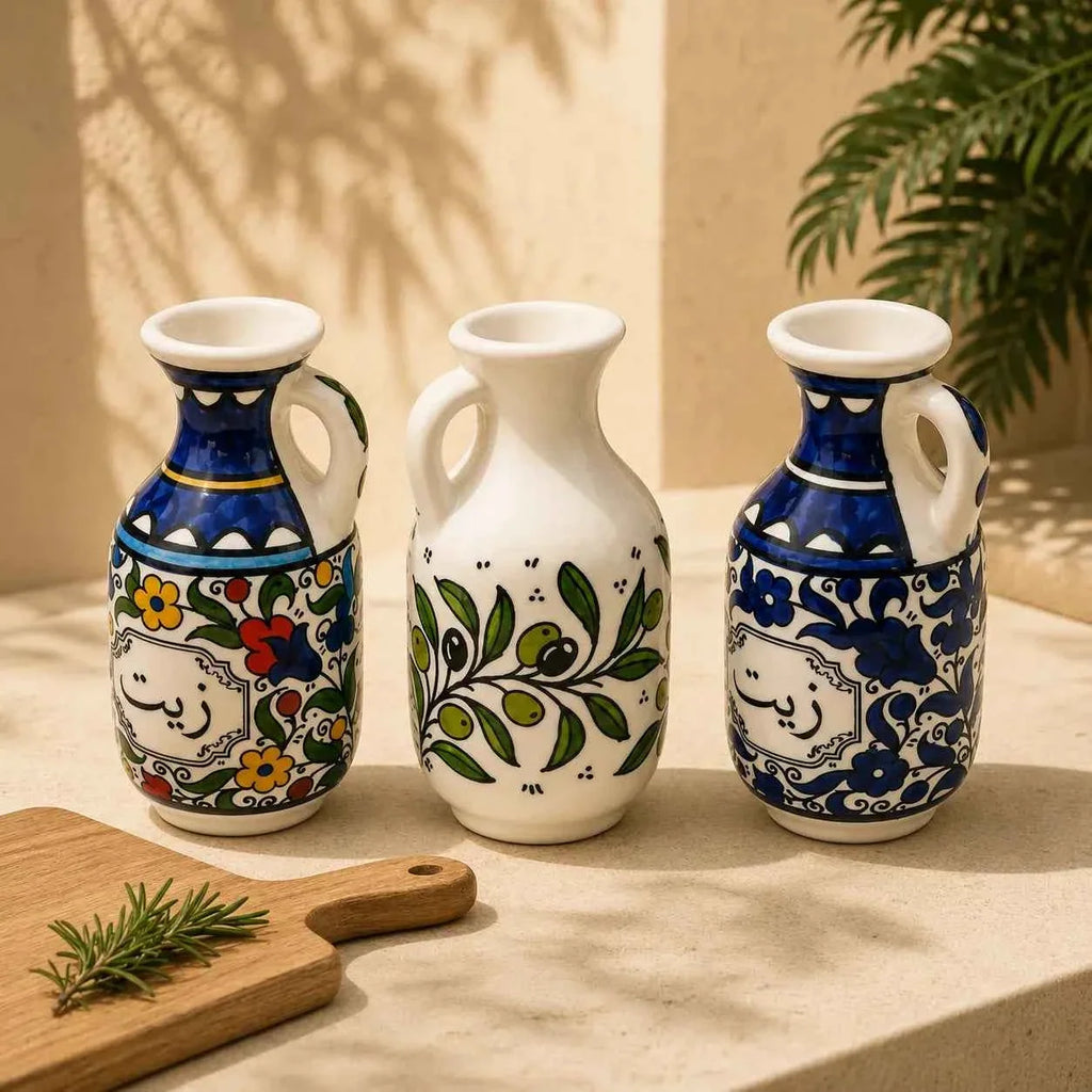 Ceramic Olive Oil Dispenser / Oil Jug – Zatoun, Colorful & Blue Floral - 6 × 5 in