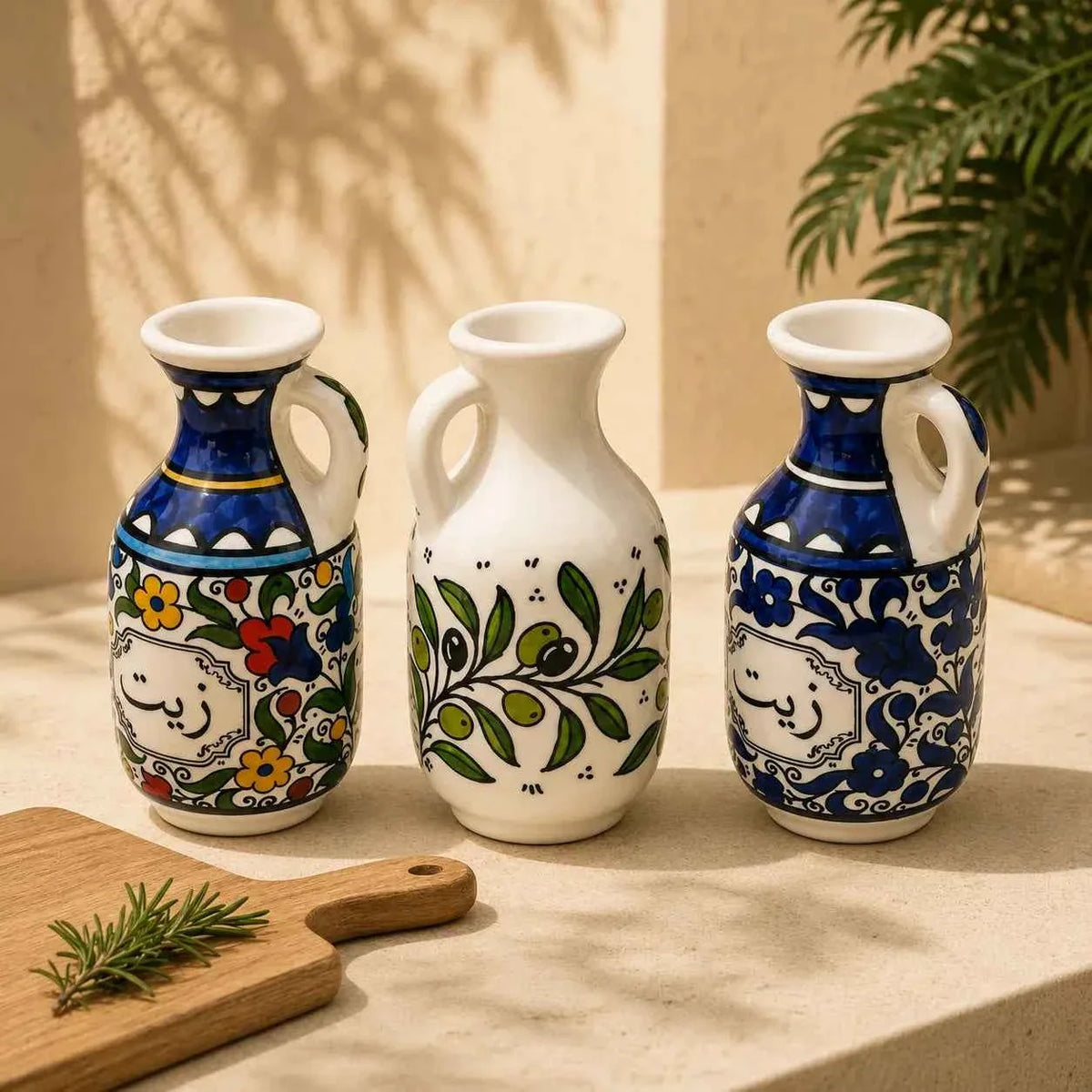 Ceramic Olive Oil Dispenser / Oil Jug – Zatoun, Colorful & Blue Floral - 6 × 5 in