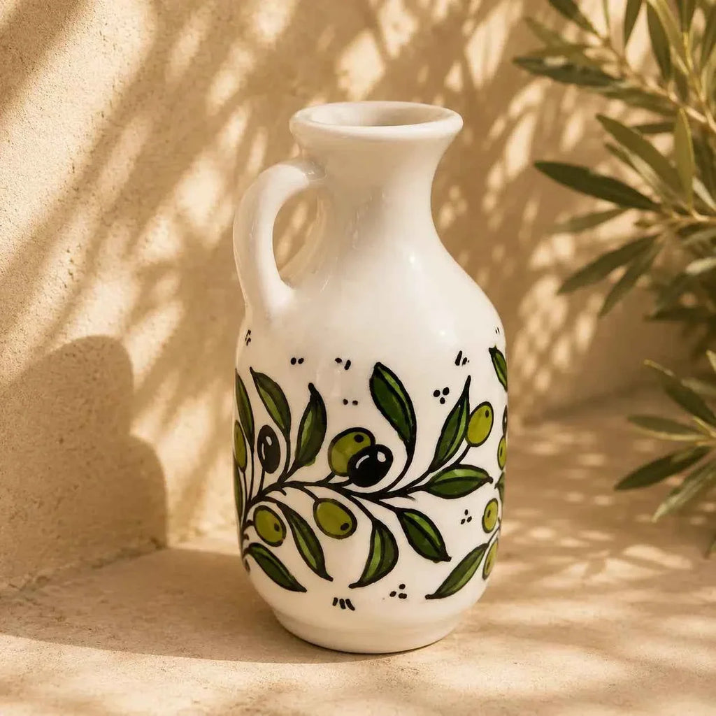 Ceramic Olive Oil Dispenser / Oil Jug – Zatoun, Colorful & Blue Floral - 6 × 5 in