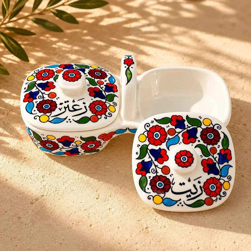 Handmade Ceramic Olive Oil & Za'atar Dish Set – 4.5 × 9.5 in