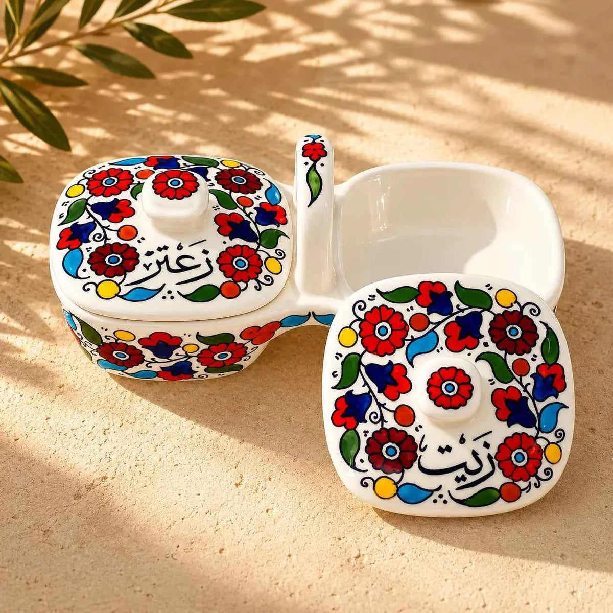 Handmade Ceramic Olive Oil & Za'atar Dish Set – 4.5 × 9.5 in