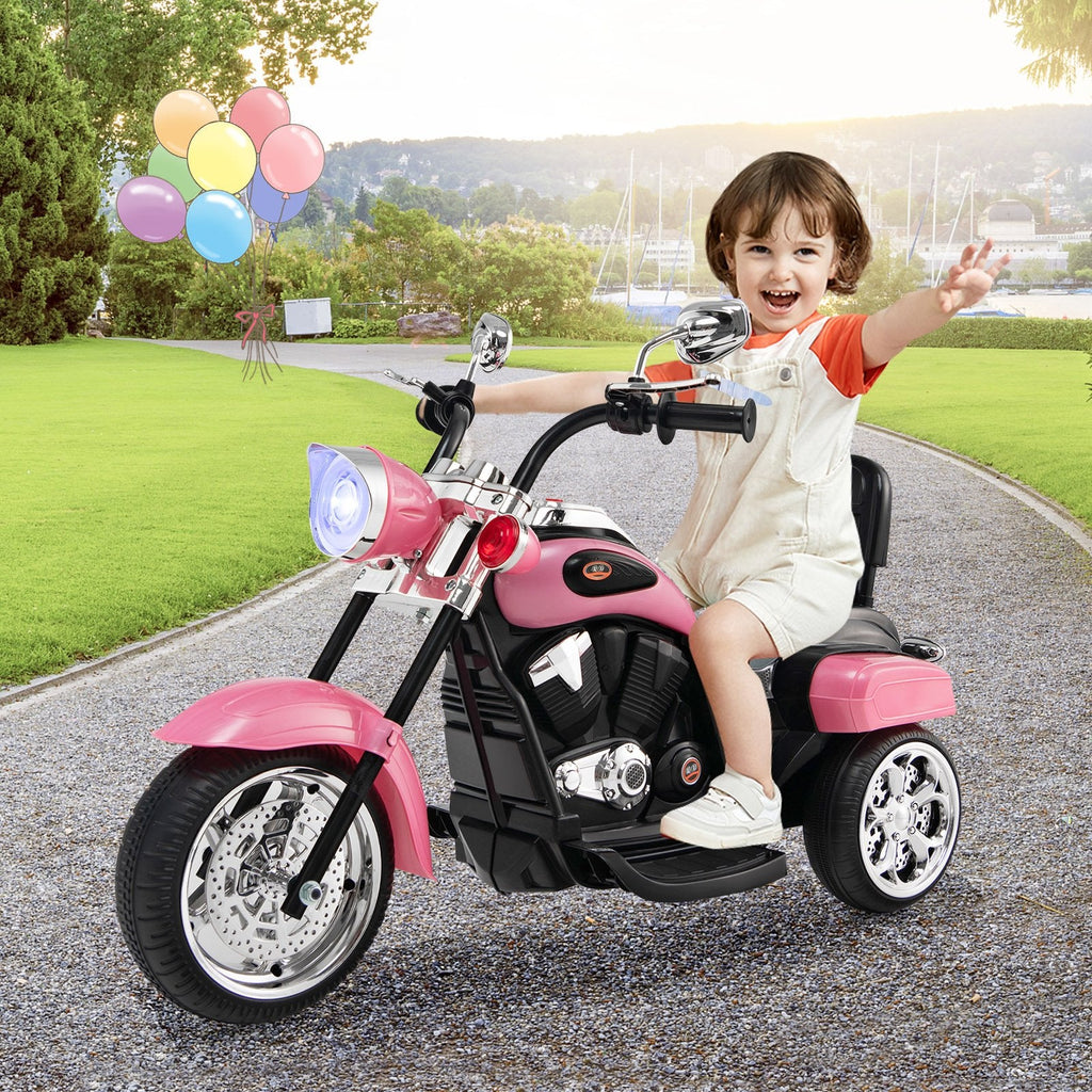 Motocicleta chopper infantil eléctrica de 6 V y 3 ruedas, con espejos retrovisores y pedal de freno, rosa