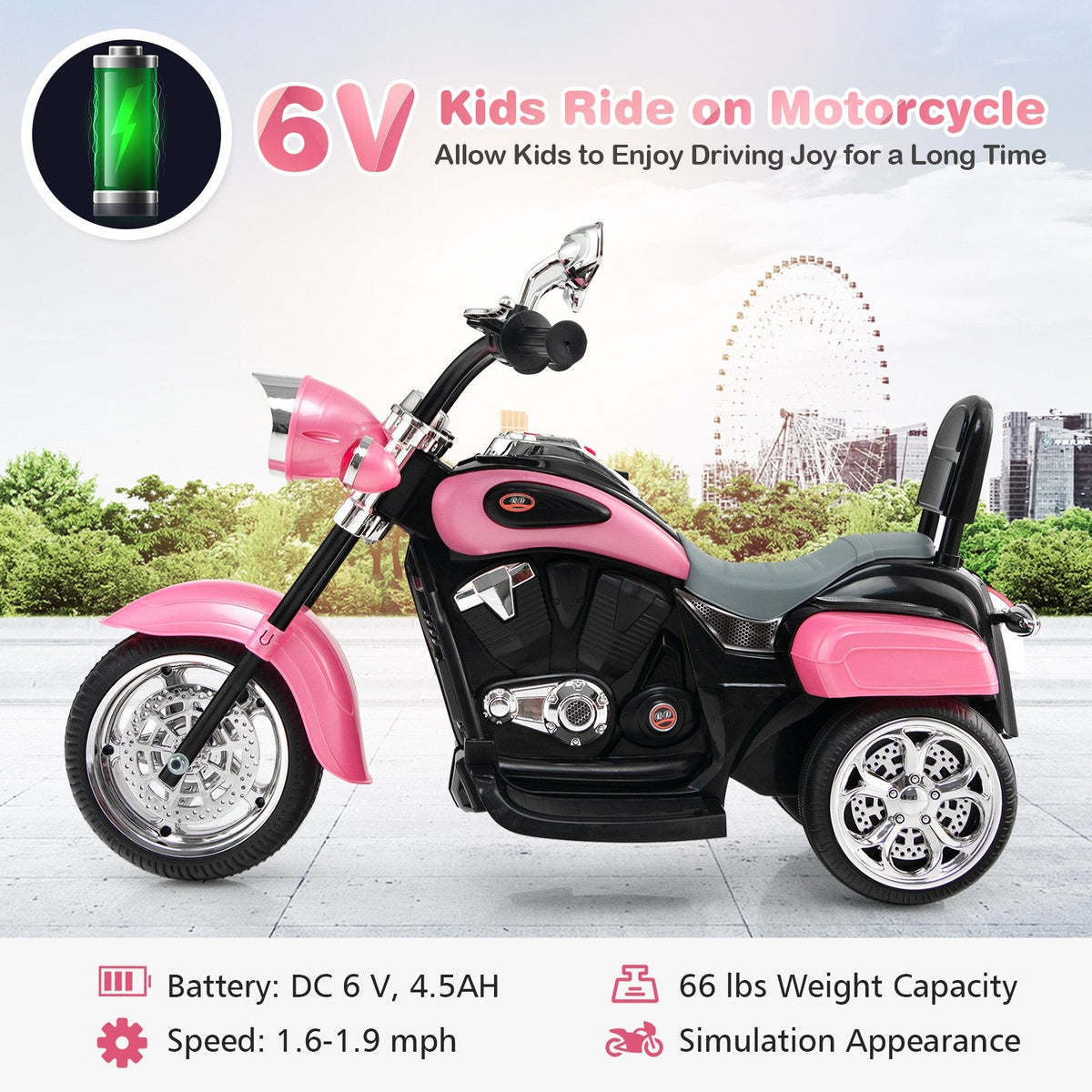 Motocicleta chopper infantil eléctrica de 6 V y 3 ruedas, con espejos retrovisores y pedal de freno, rosa