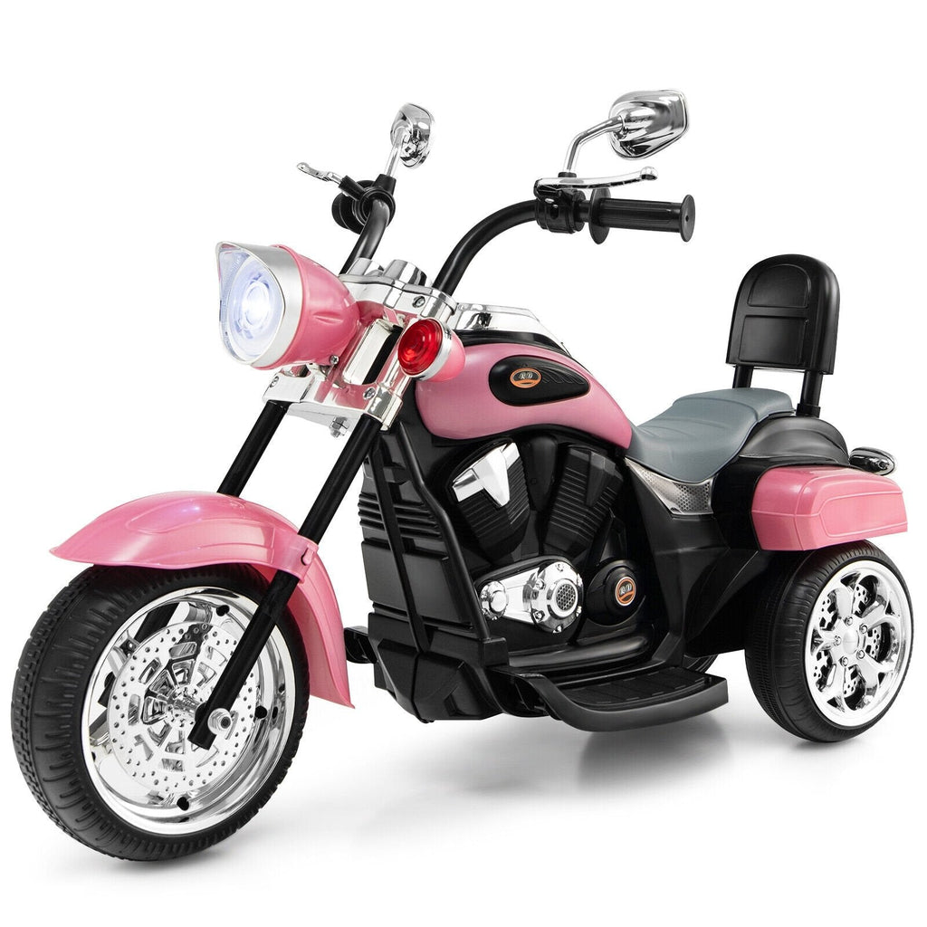 Motocicleta chopper infantil eléctrica de 6 V y 3 ruedas, con espejos retrovisores y pedal de freno, rosa