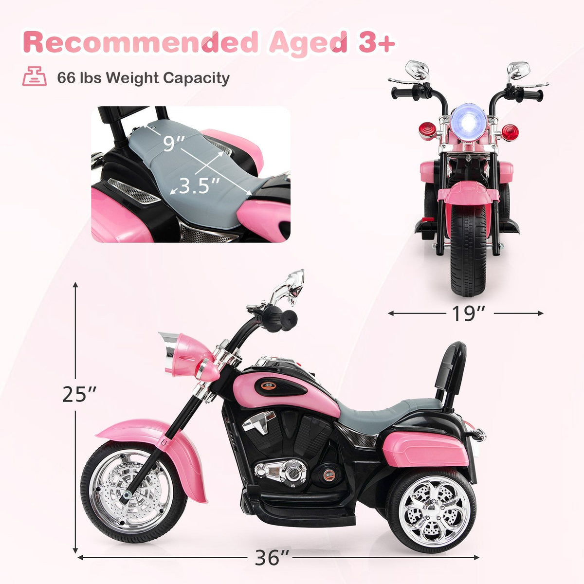 Motocicleta chopper infantil eléctrica de 6 V y 3 ruedas, con espejos retrovisores y pedal de freno, rosa