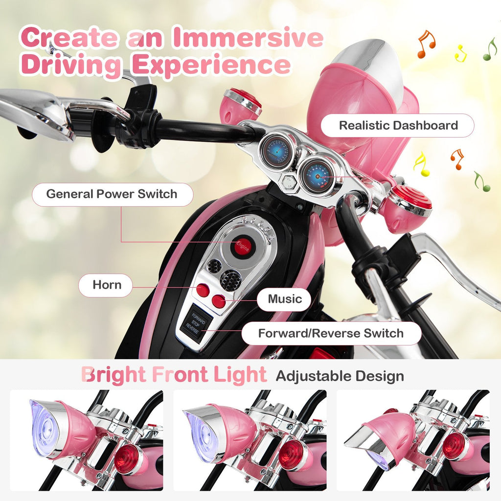 Motocicleta chopper infantil eléctrica de 6 V y 3 ruedas, con espejos retrovisores y pedal de freno, rosa