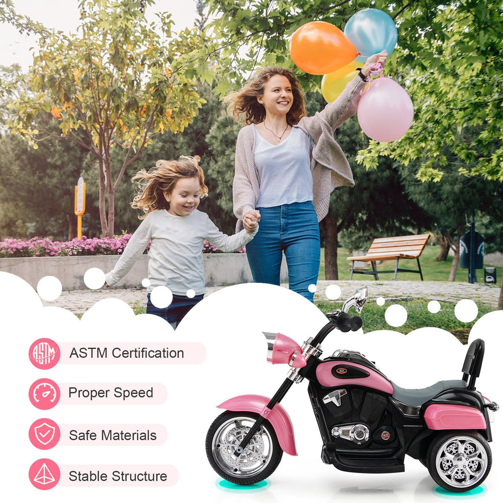 Motocicleta chopper infantil eléctrica de 6 V y 3 ruedas, con espejos retrovisores y pedal de freno, rosa