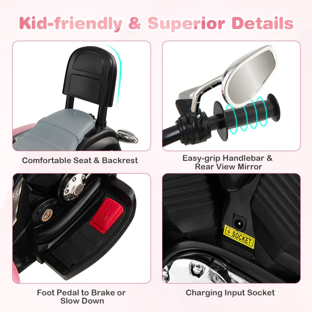 Motocicleta chopper infantil eléctrica de 6 V y 3 ruedas, con espejos retrovisores y pedal de freno, rosa