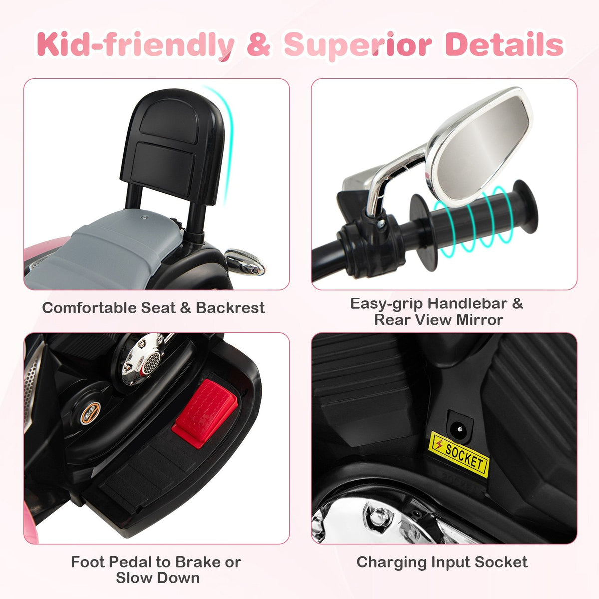 Motocicleta chopper infantil eléctrica de 6 V y 3 ruedas, con espejos retrovisores y pedal de freno, rosa