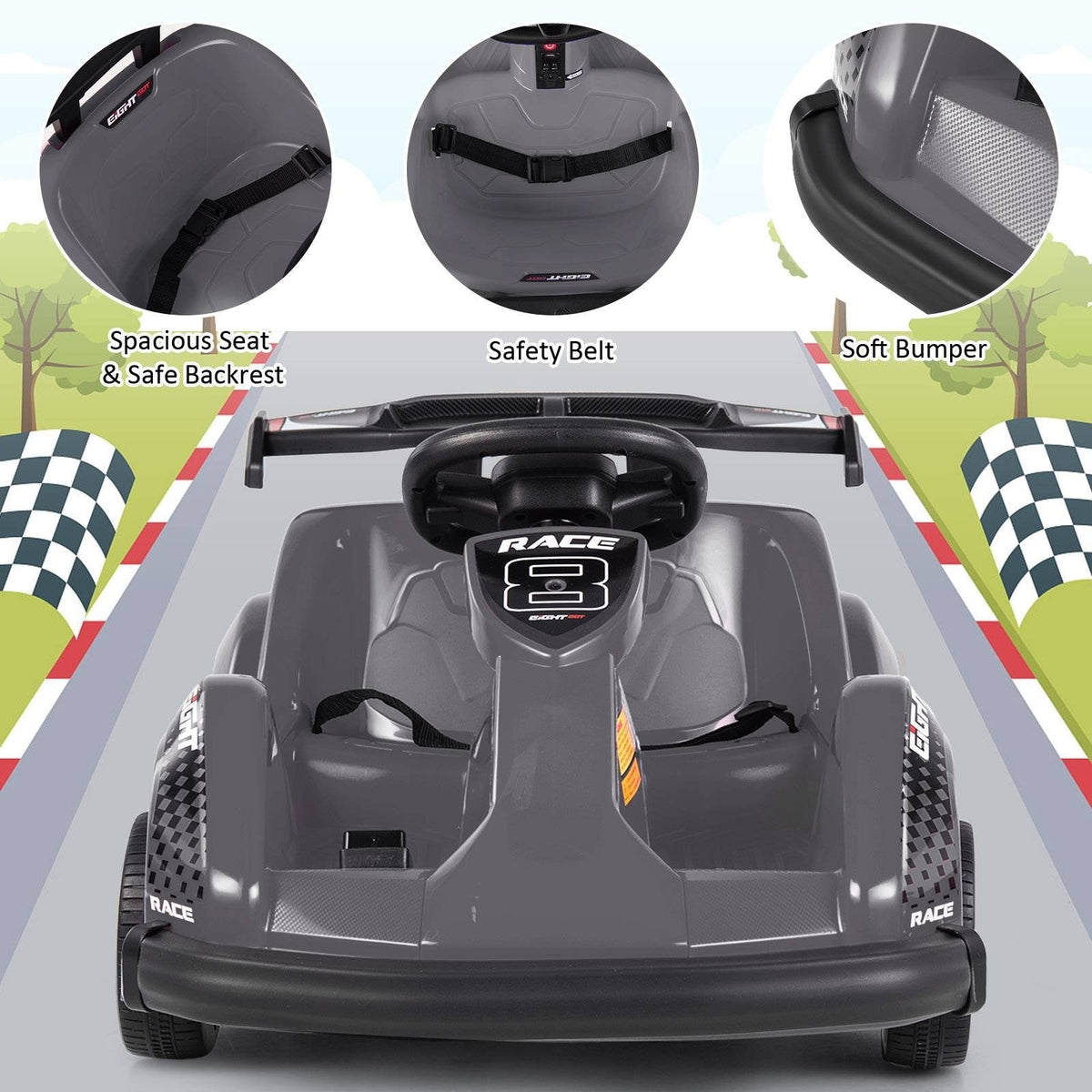 Go-Kart eléctrico de 6V para niños con control remoto para padres de 2.4G, cinturón de seguridad y parachoques blando, negro