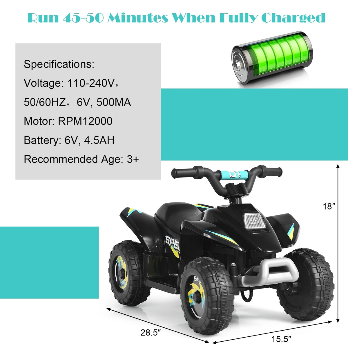 Cuatrimoto eléctrica infantil de 6 V con motor de 12 000 RPM y 45 minutos de autonomía, negra
