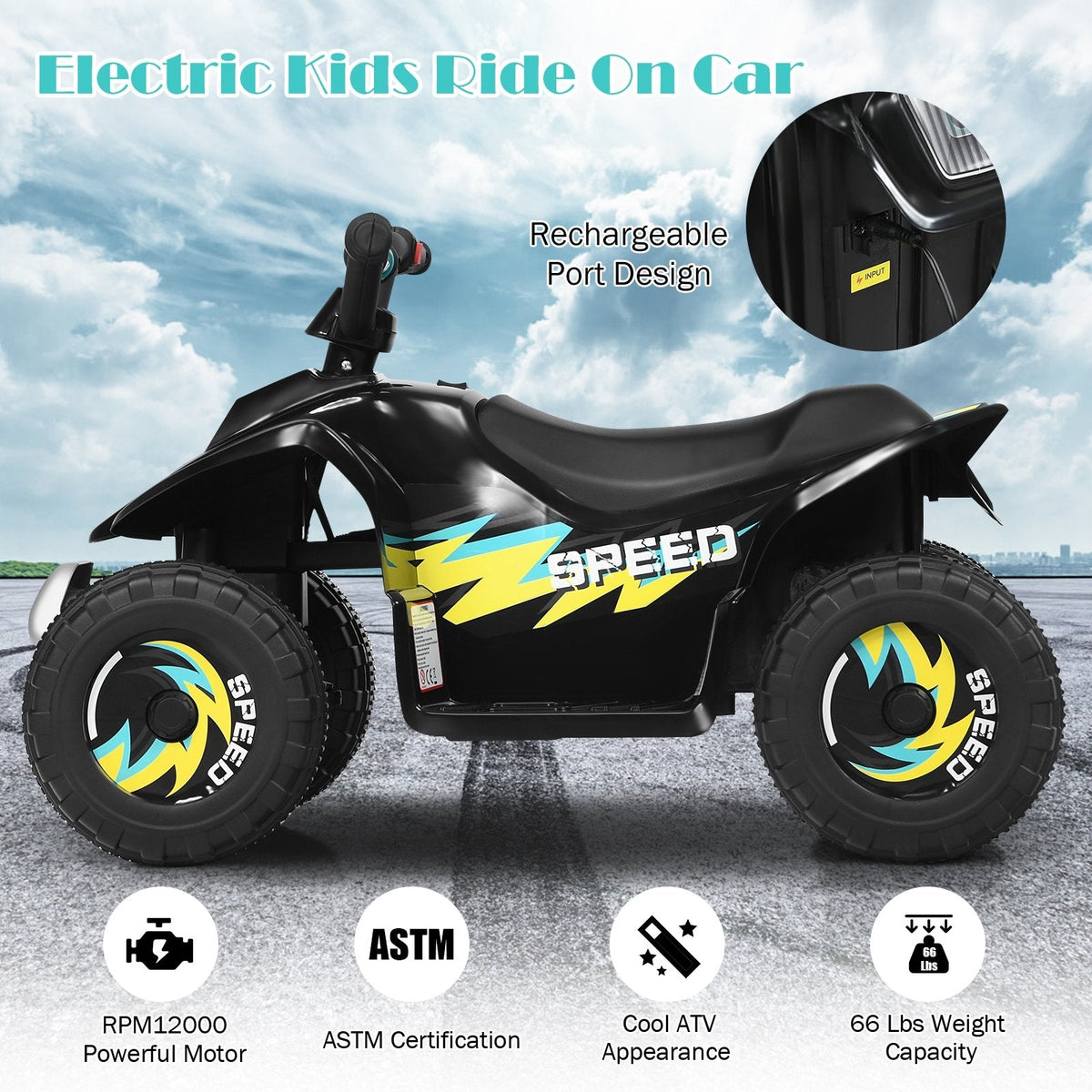 Cuatrimoto eléctrica infantil de 6 V con motor de 12 000 RPM y 45 minutos de autonomía, negra