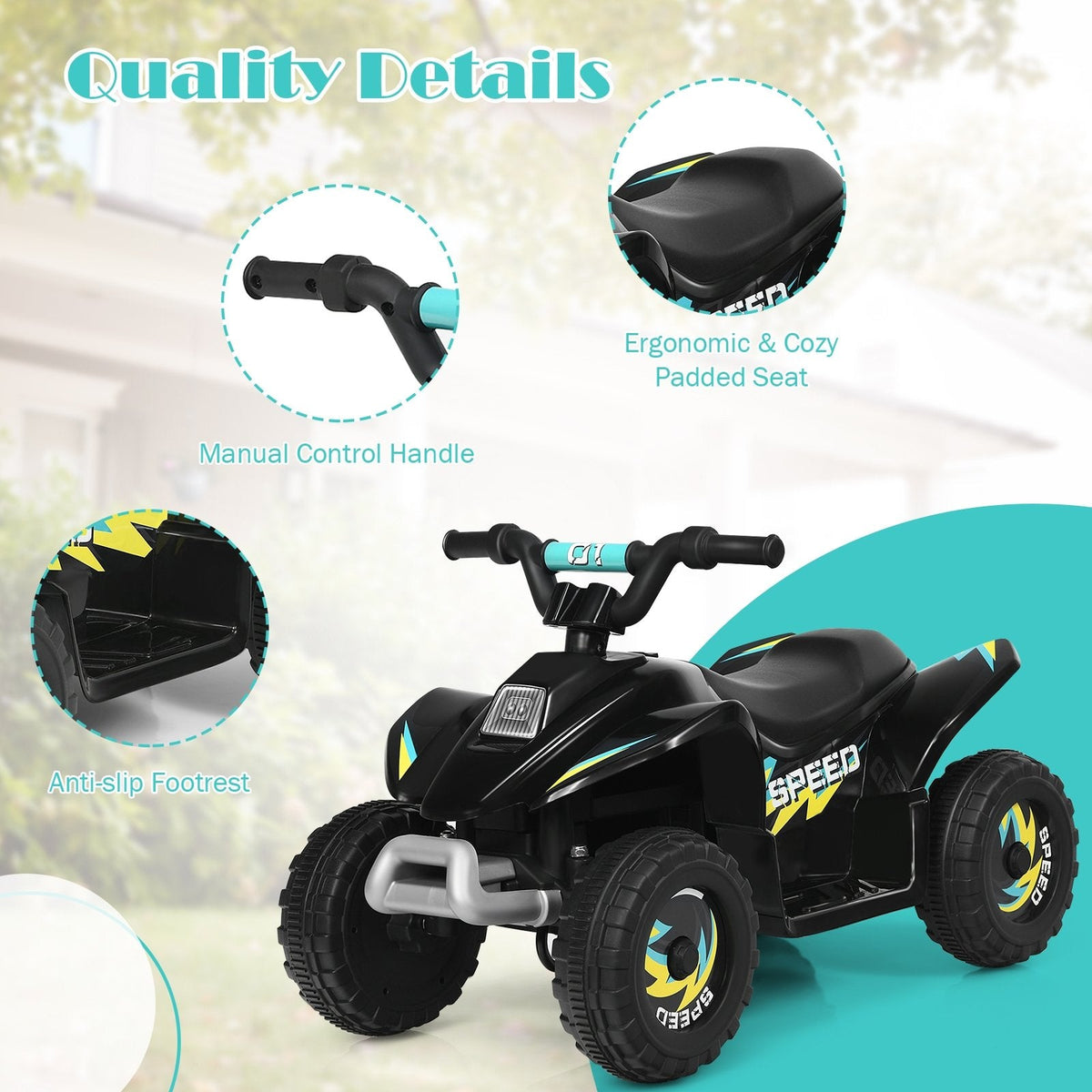 Cuatrimoto eléctrica infantil de 6 V con motor de 12 000 RPM y 45 minutos de autonomía, negra