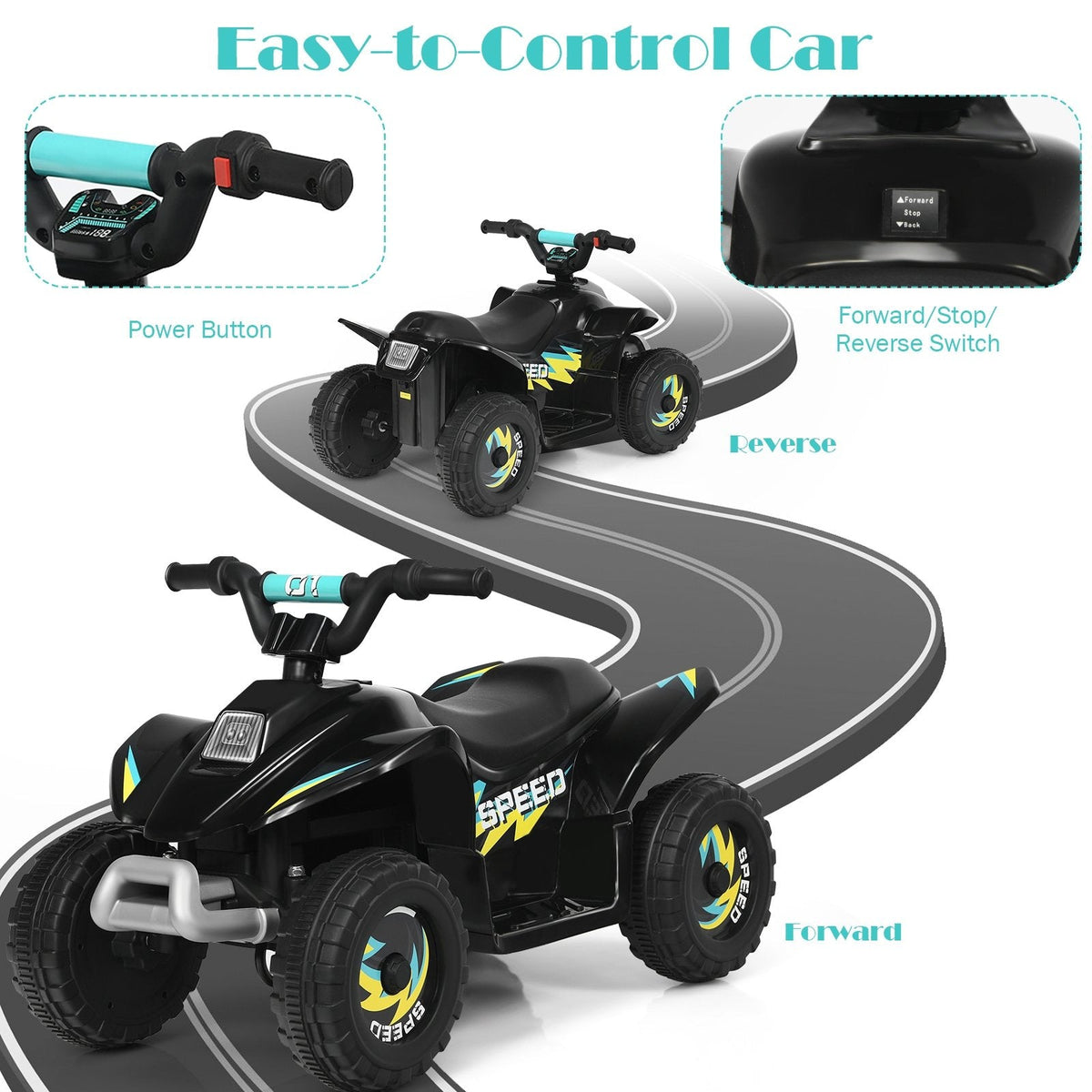 Cuatrimoto eléctrica infantil de 6 V con motor de 12 000 RPM y 45 minutos de autonomía, negra
