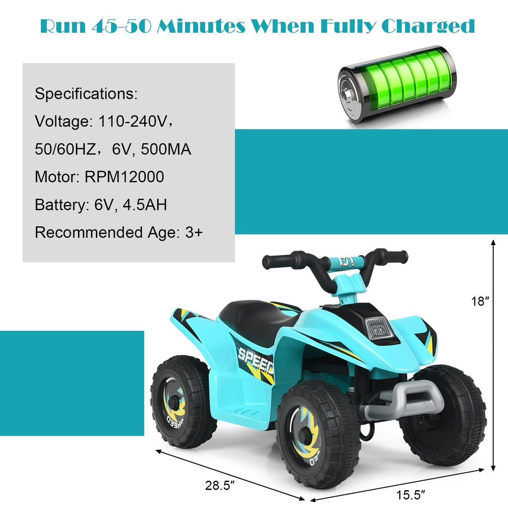 Cuatrimoto eléctrica infantil de 6 V con asiento bajo y ruedas resistentes al desgaste, azul