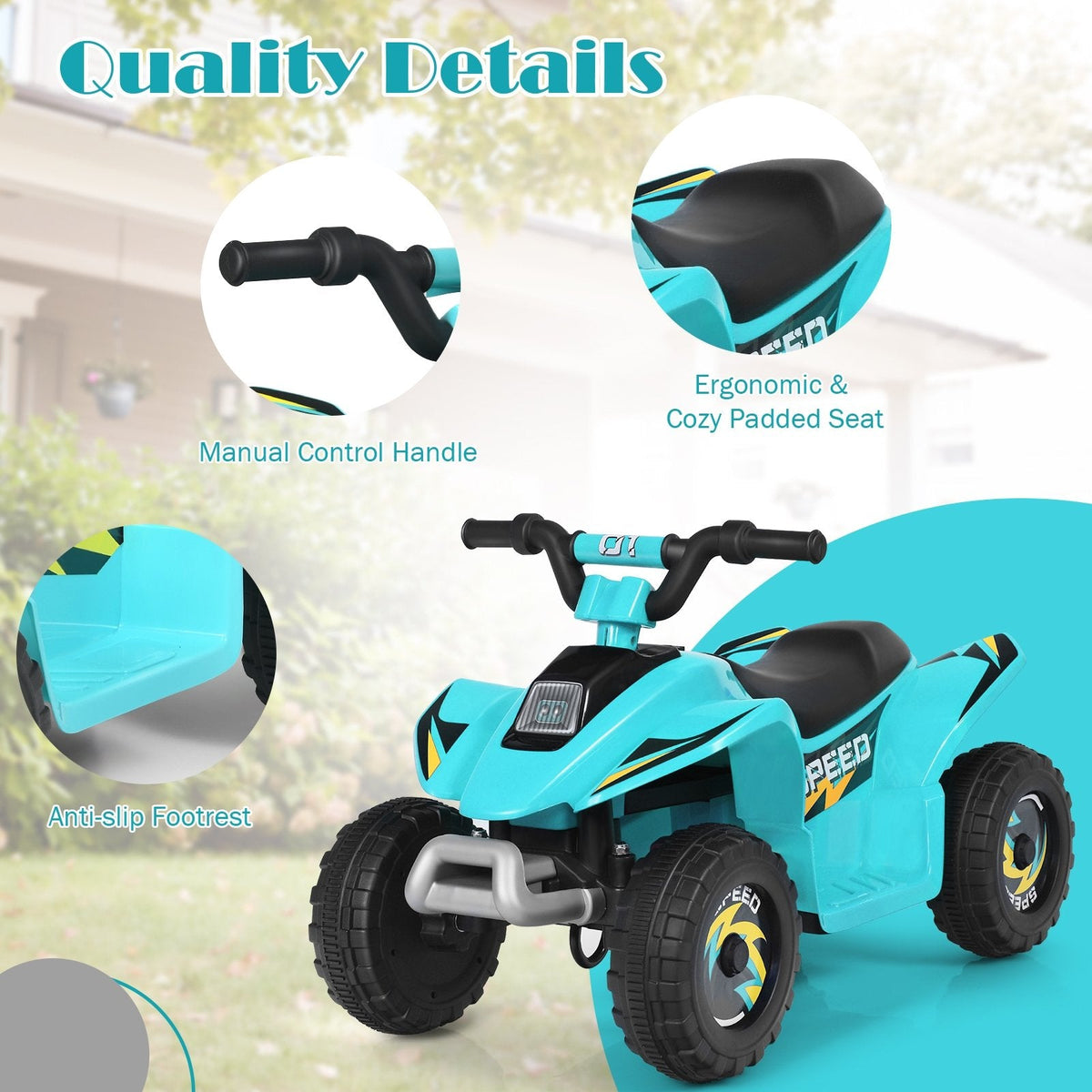 Cuatrimoto eléctrica infantil de 6 V con asiento bajo y ruedas resistentes al desgaste, azul
