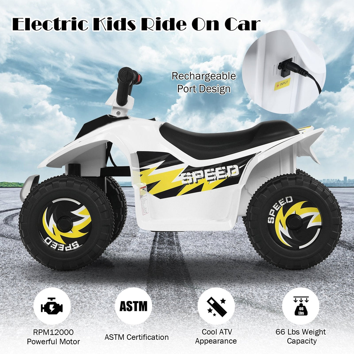 6V Elektro-Kinder-Quad mit gepolstertem Sitz und rutschfesten Fußstützen, Weiß