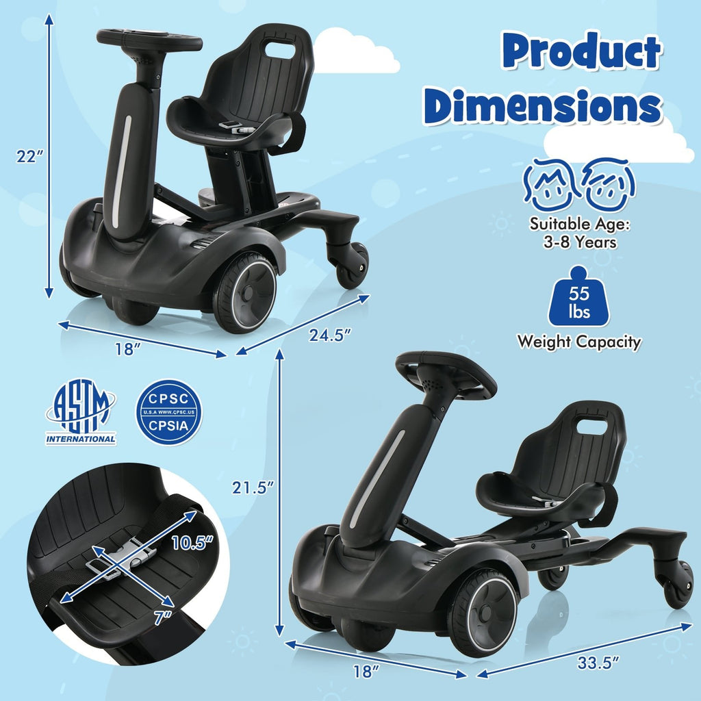 6V Kinder-Drift-Auto mit 360-Grad-Drehung, Sicherheitsgurt und zwei Sitzhöhen, Schwarz