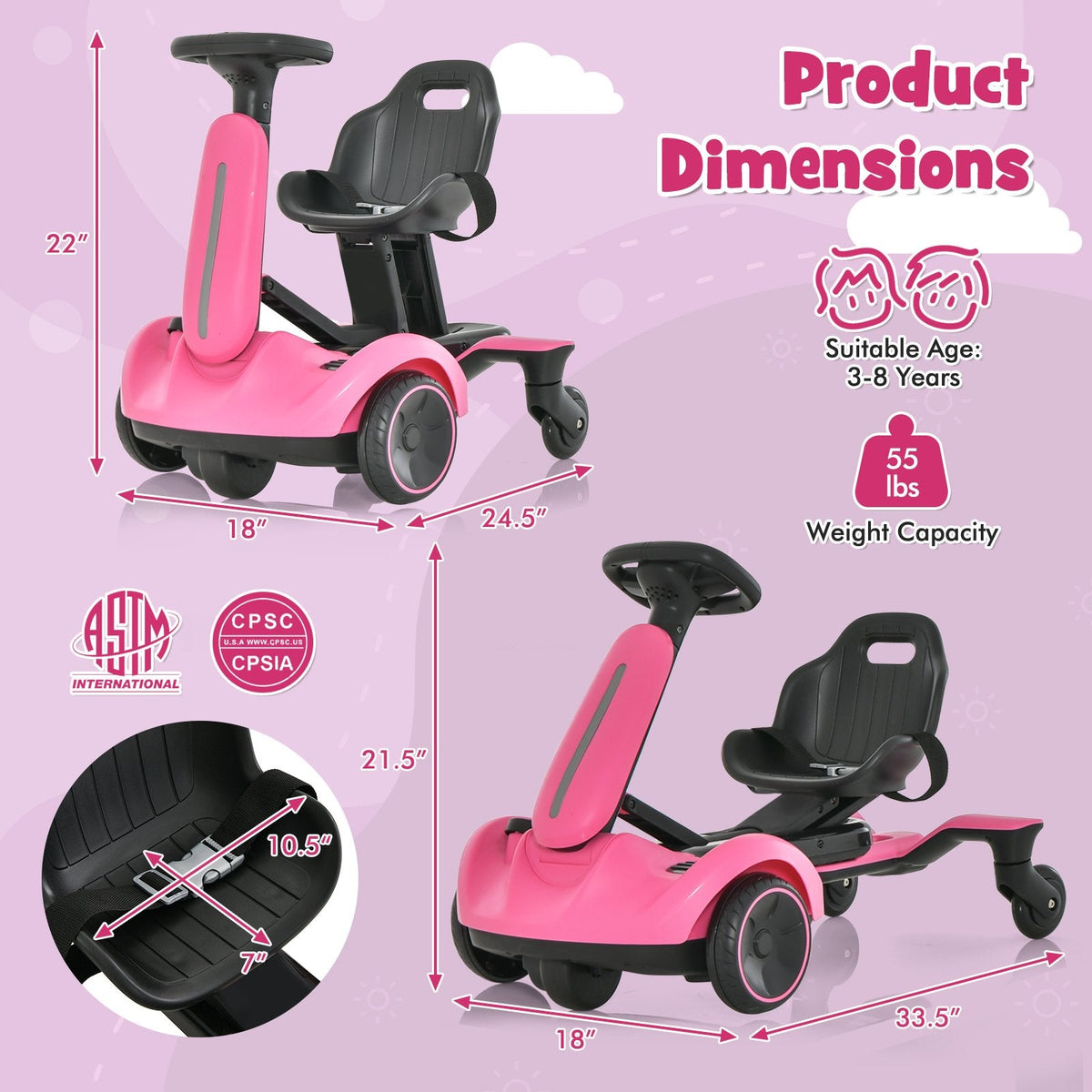 Coche de derrape para niños de 6 V con batería de 6 V y 5 Ah y de 1 a 2 horas de autonomía, rosa