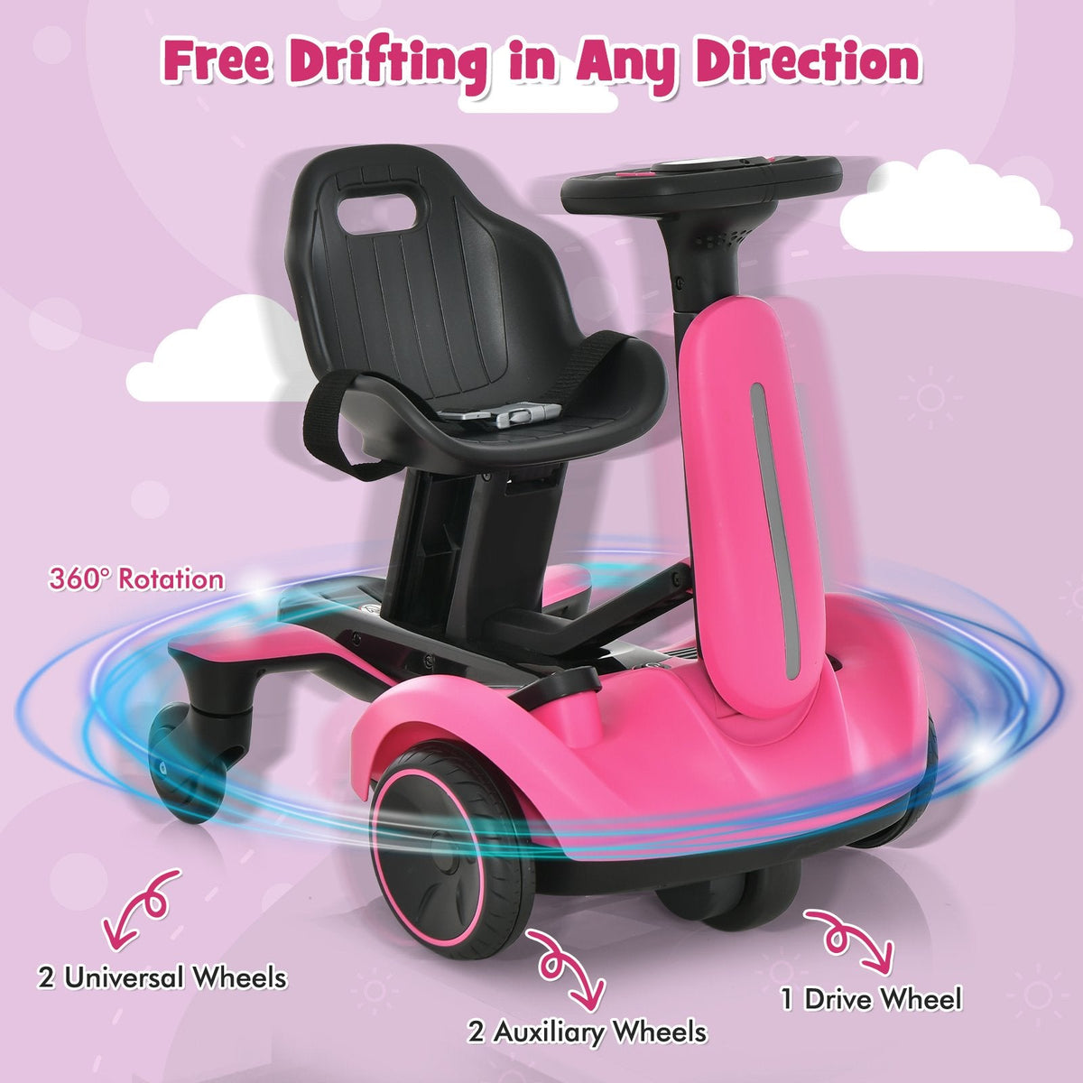 Coche de derrape para niños de 6 V con batería de 6 V y 5 Ah y de 1 a 2 horas de autonomía, rosa