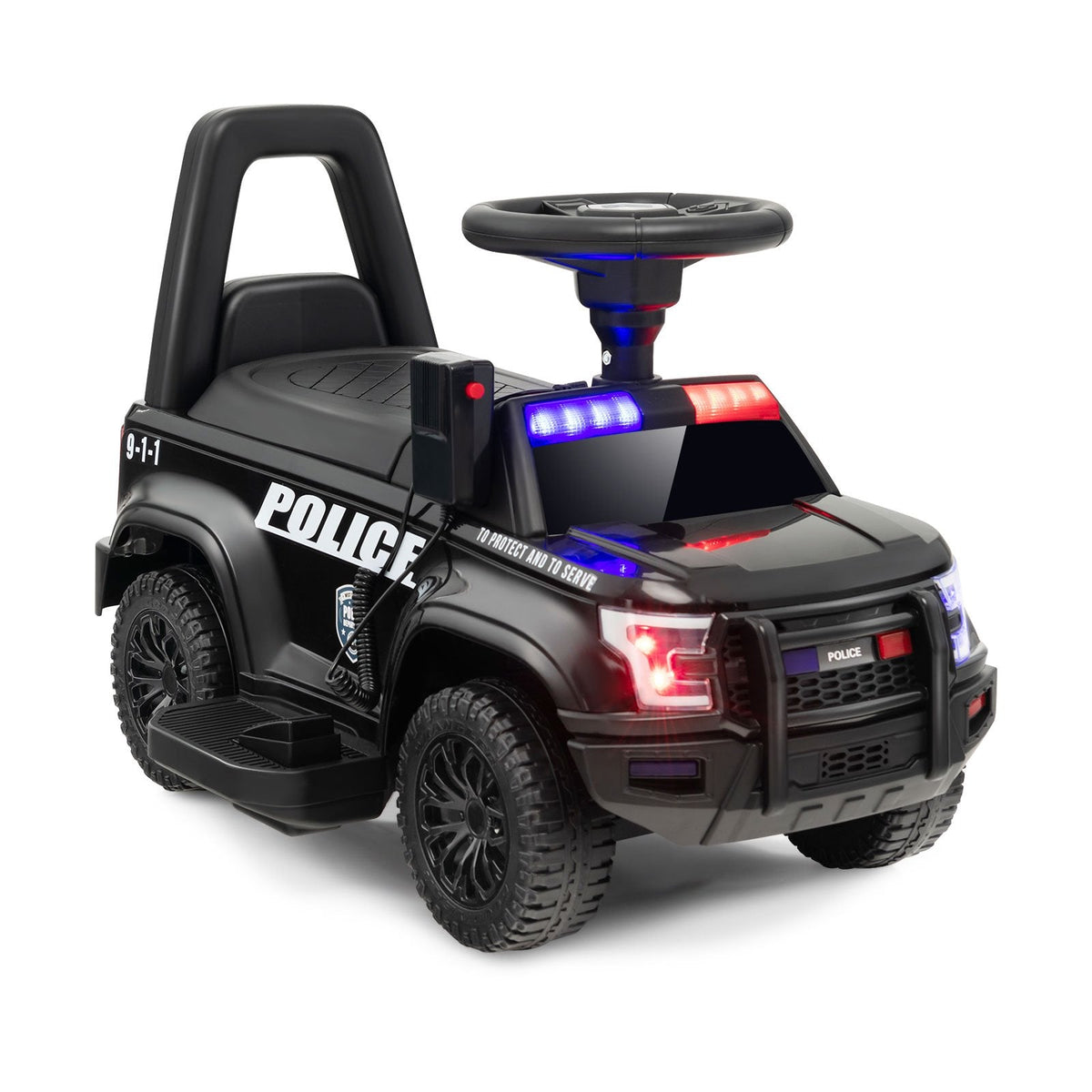 6V-Polizeiauto zum Draufsitzen für Kinder mit funktionierendem Megafon, Sirene und Blinklichtern, Schwarz