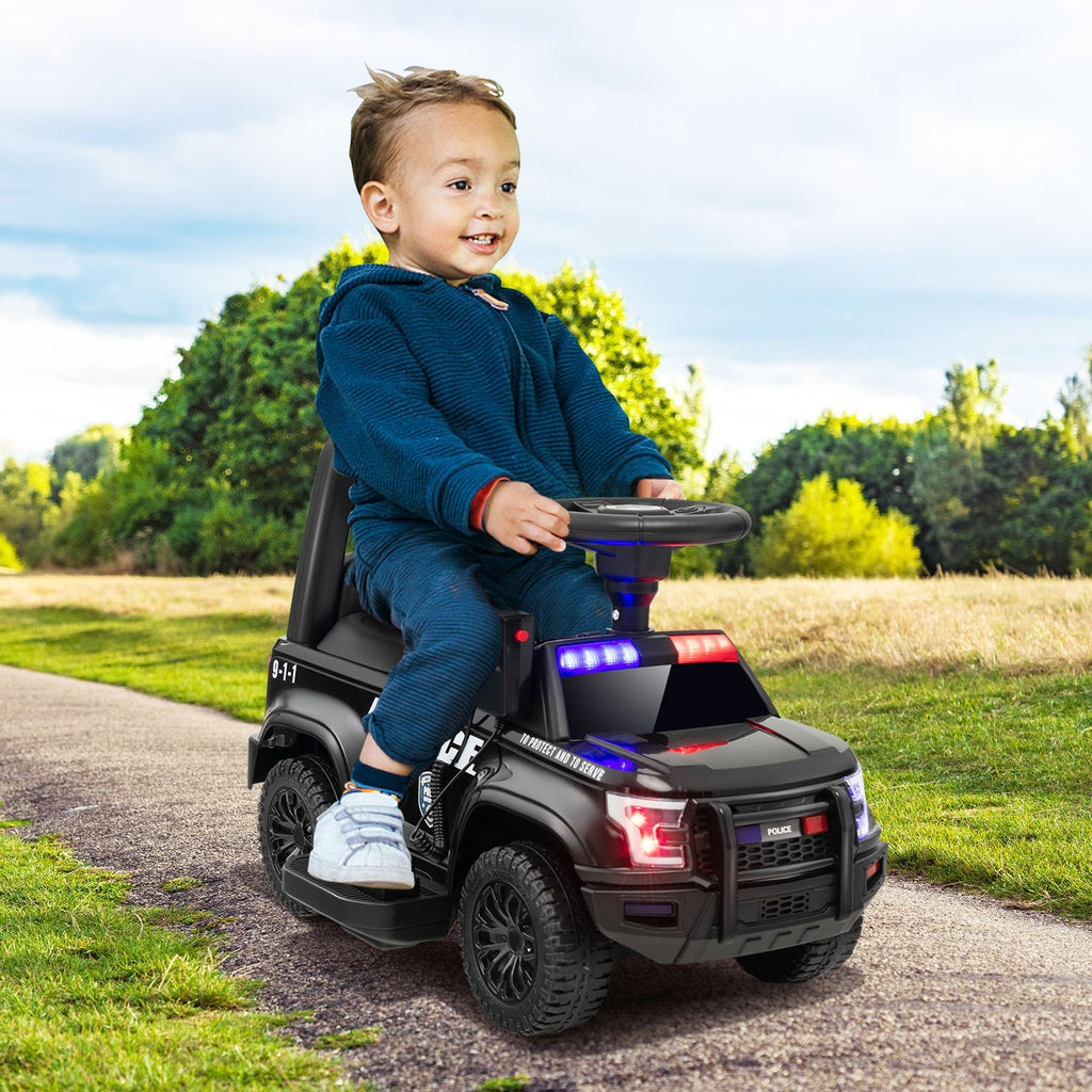 6V-Polizeiauto zum Draufsitzen für Kinder mit funktionierendem Megafon, Sirene und Blinklichtern, Schwarz