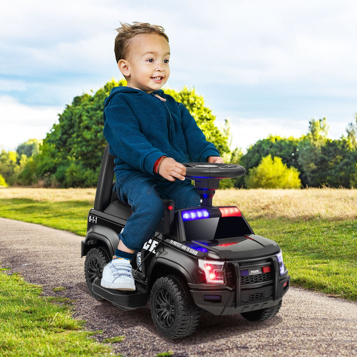 6V-Polizeiauto zum Draufsitzen für Kinder mit funktionierendem Megafon, Sirene und Blinklichtern, Schwarz