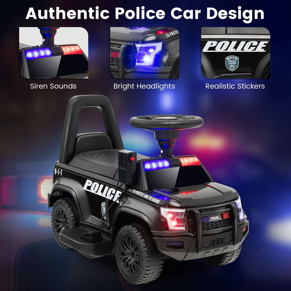 6V-Polizeiauto zum Draufsitzen für Kinder mit funktionierendem Megafon, Sirene und Blinklichtern, Schwarz