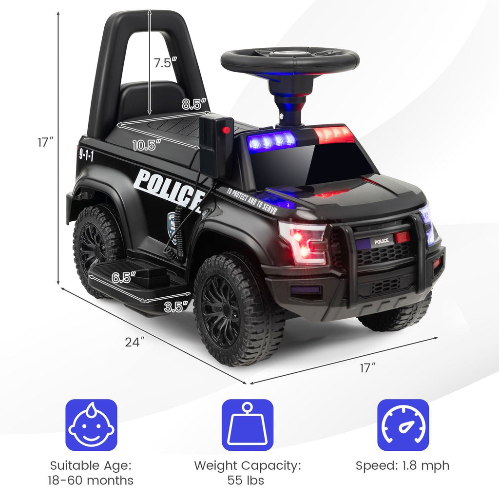 6V-Polizeiauto zum Draufsitzen für Kinder mit funktionierendem Megafon, Sirene und Blinklichtern, Schwarz