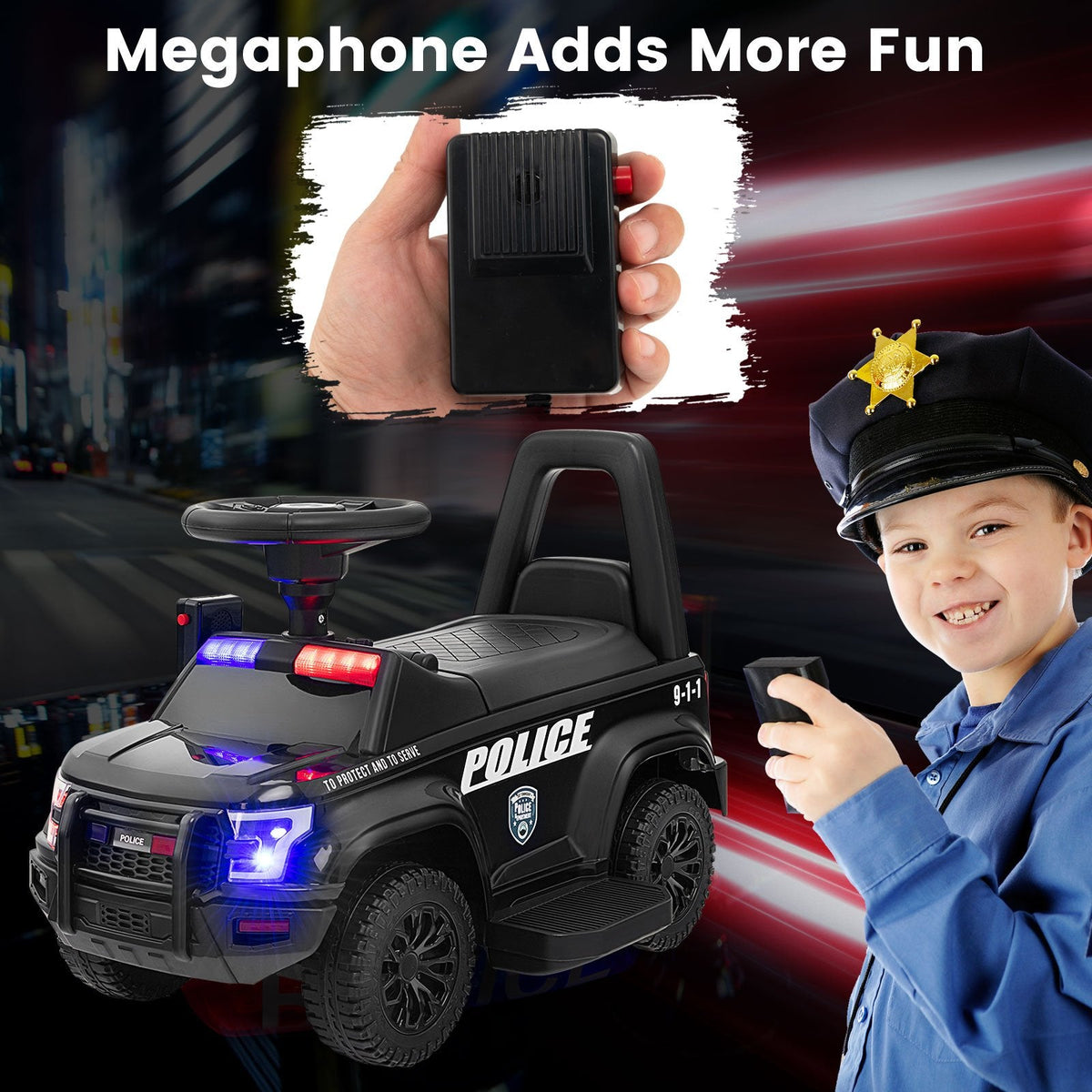 6V-Polizeiauto zum Draufsitzen für Kinder mit funktionierendem Megafon, Sirene und Blinklichtern, Schwarz
