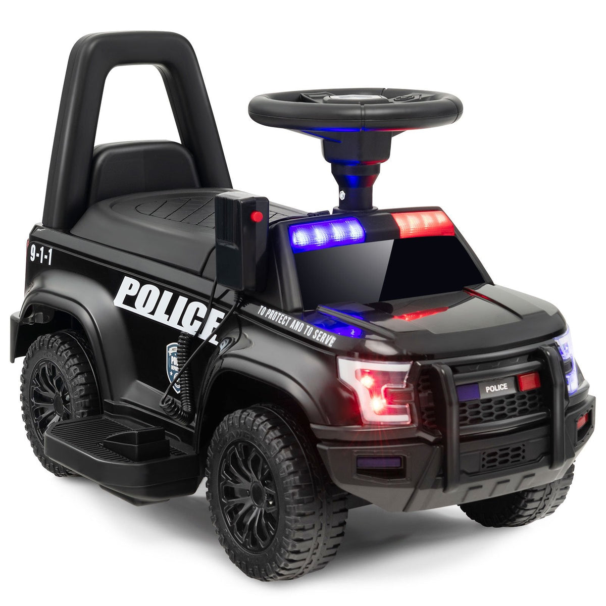 6V-Polizeiauto zum Draufsitzen für Kinder mit funktionierendem Megafon, Sirene und Blinklichtern, Schwarz