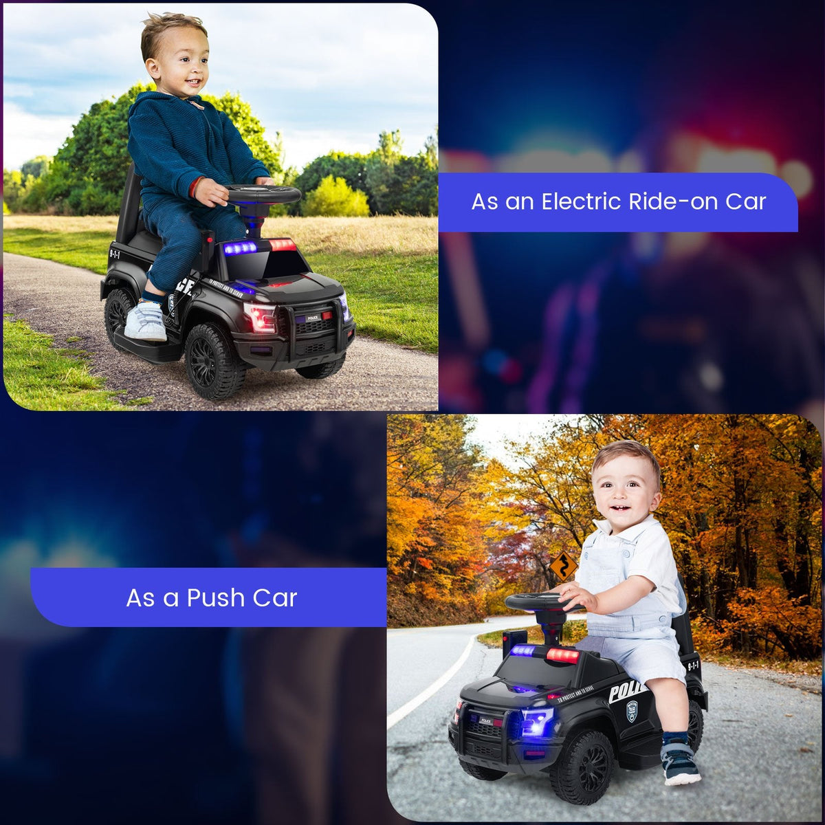 6V-Polizeiauto zum Draufsitzen für Kinder mit funktionierendem Megafon, Sirene und Blinklichtern, Schwarz
