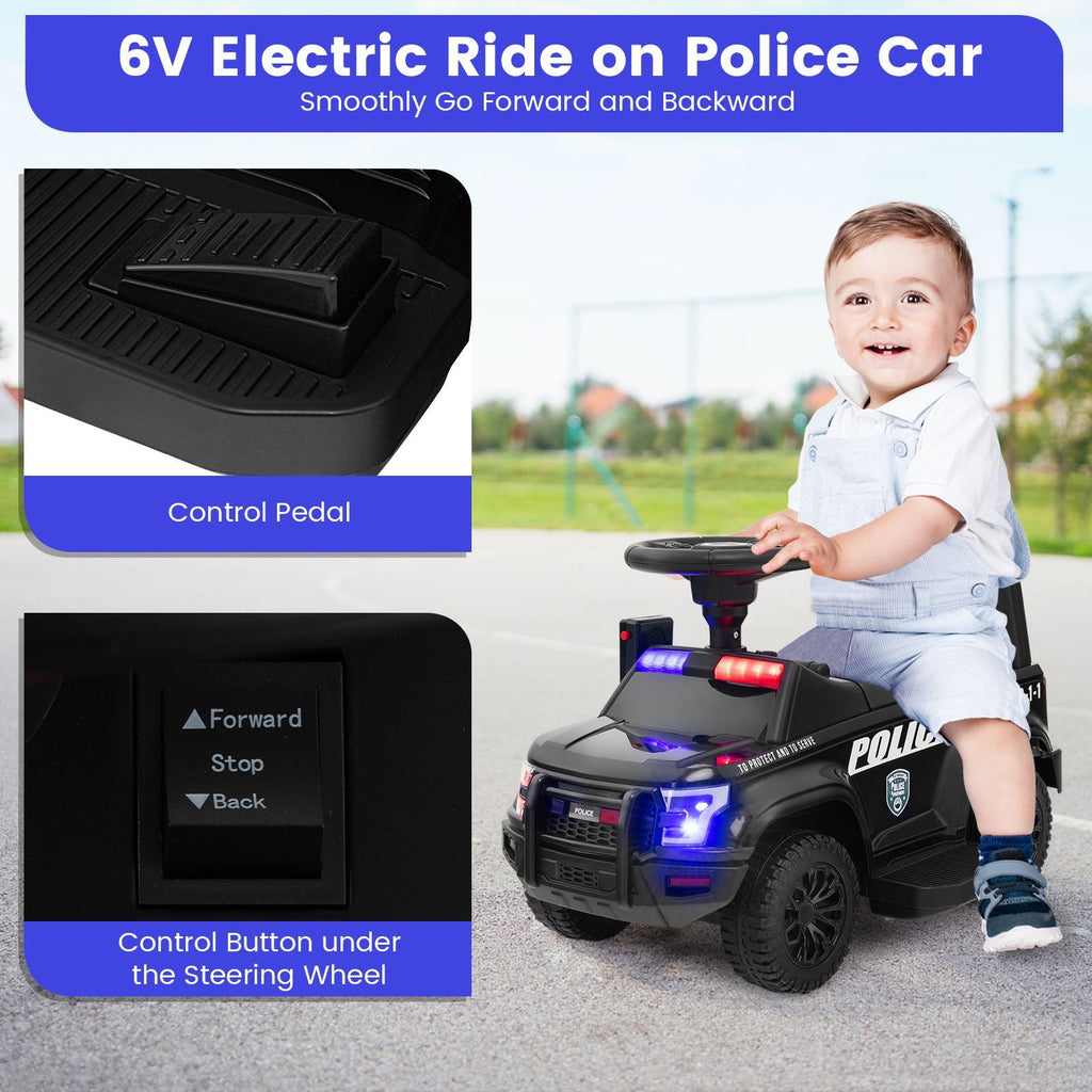 6V-Polizeiauto zum Draufsitzen für Kinder mit funktionierendem Megafon, Sirene und Blinklichtern, Schwarz